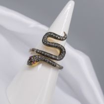 Unusual handmade diamond and ruby snake ring