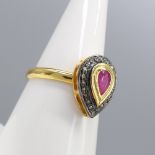 Hand-made silver gilt ring set with ruby and diamo