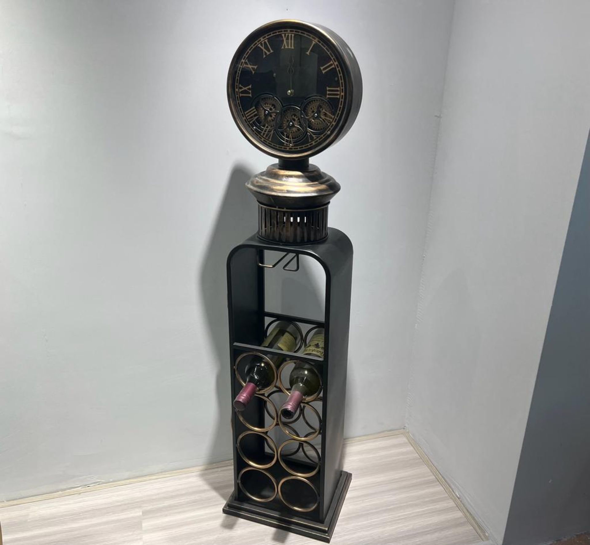 New Boxed Large Industrial Style Black And Gold Clock Wine Rack