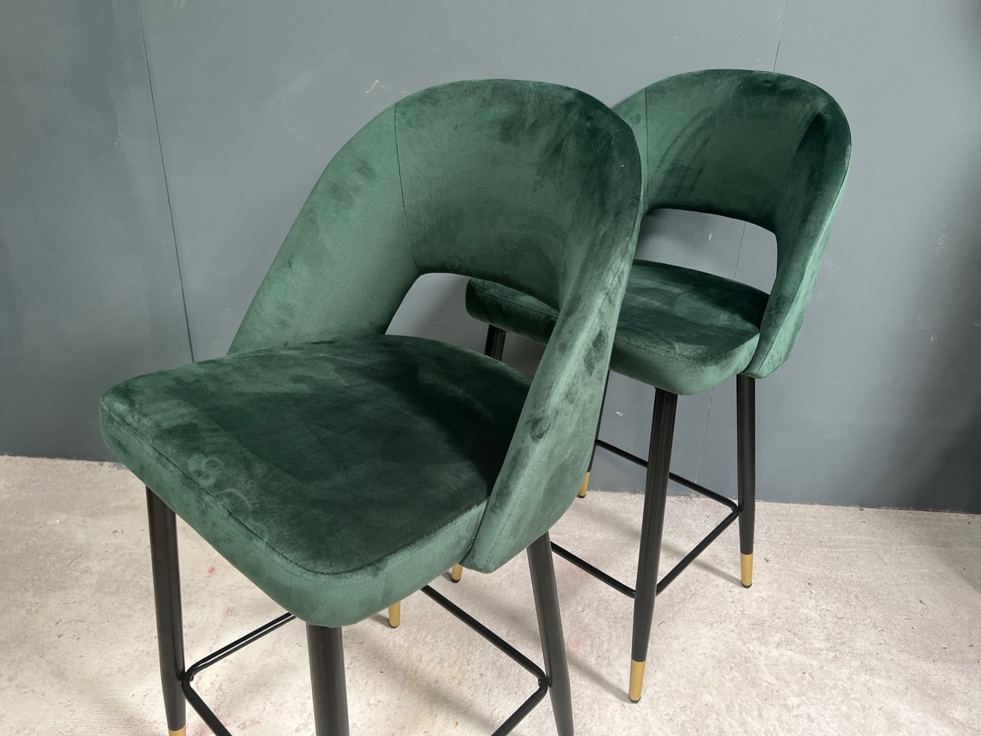 Boxed New Pair Of Dark Green Velvet Bar Stools - Image 3 of 5