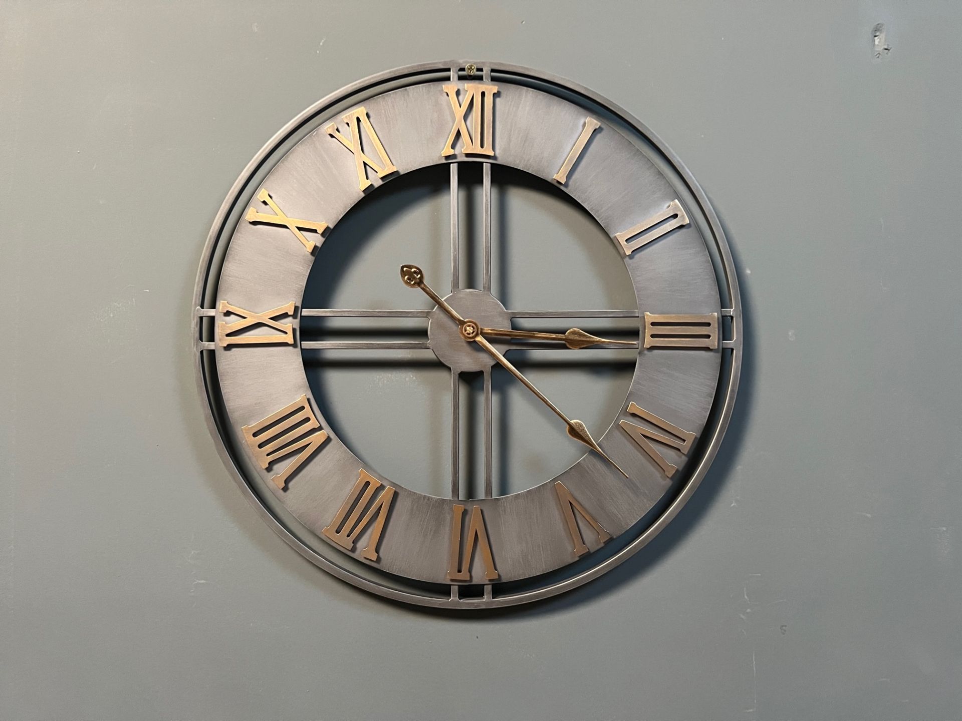 New Boxed Large Silver And Gold Iron Skeleton Roman Numeral Clock