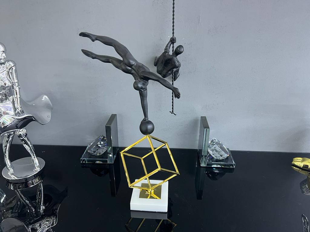 New Boxed Unique Modern Art Spinning Gymnast On Cube With Marble Base Ornament