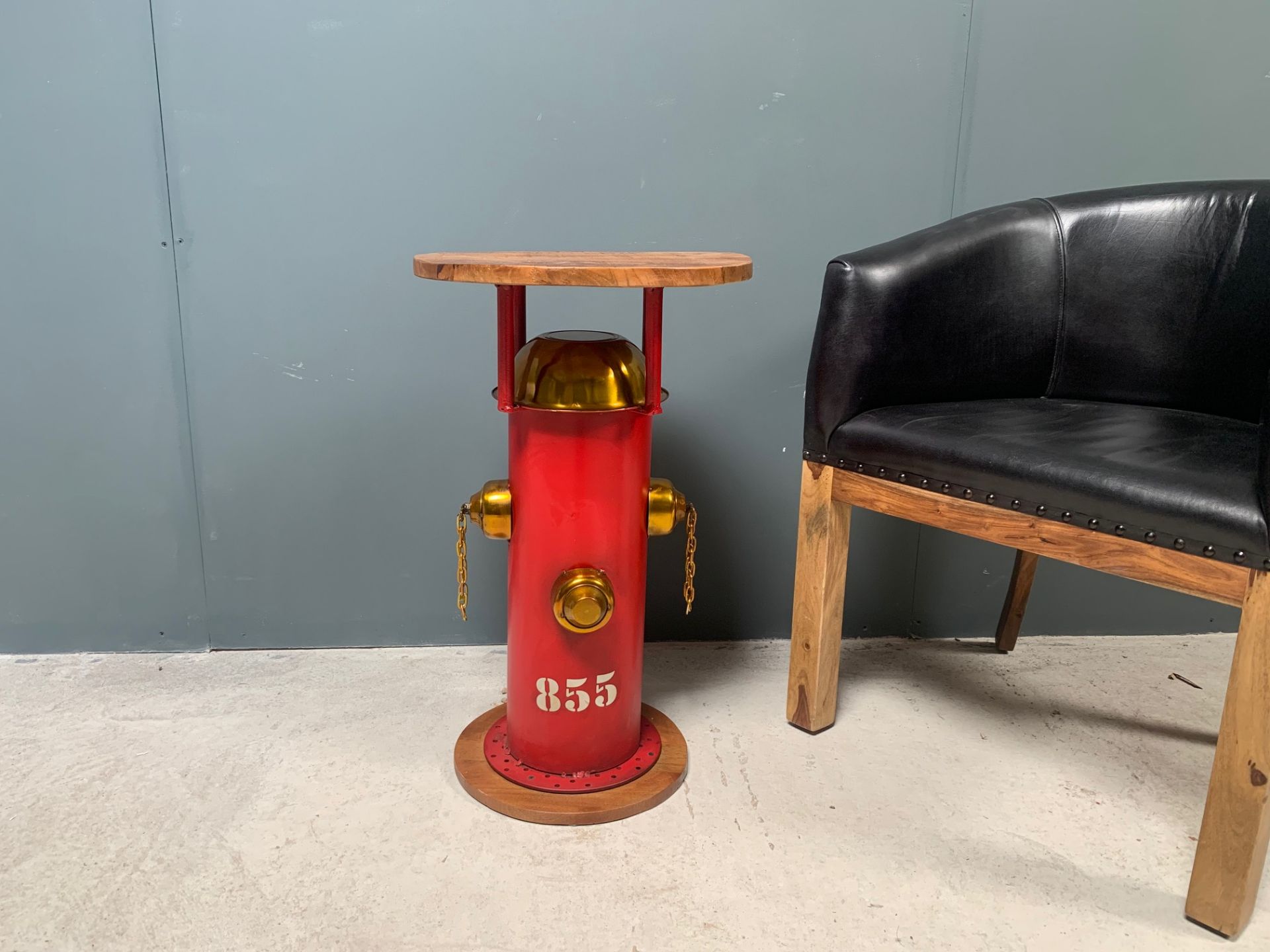 Brand New Boxed Industrial Metal Red Fire Hydrant Side Table With Wooden Top