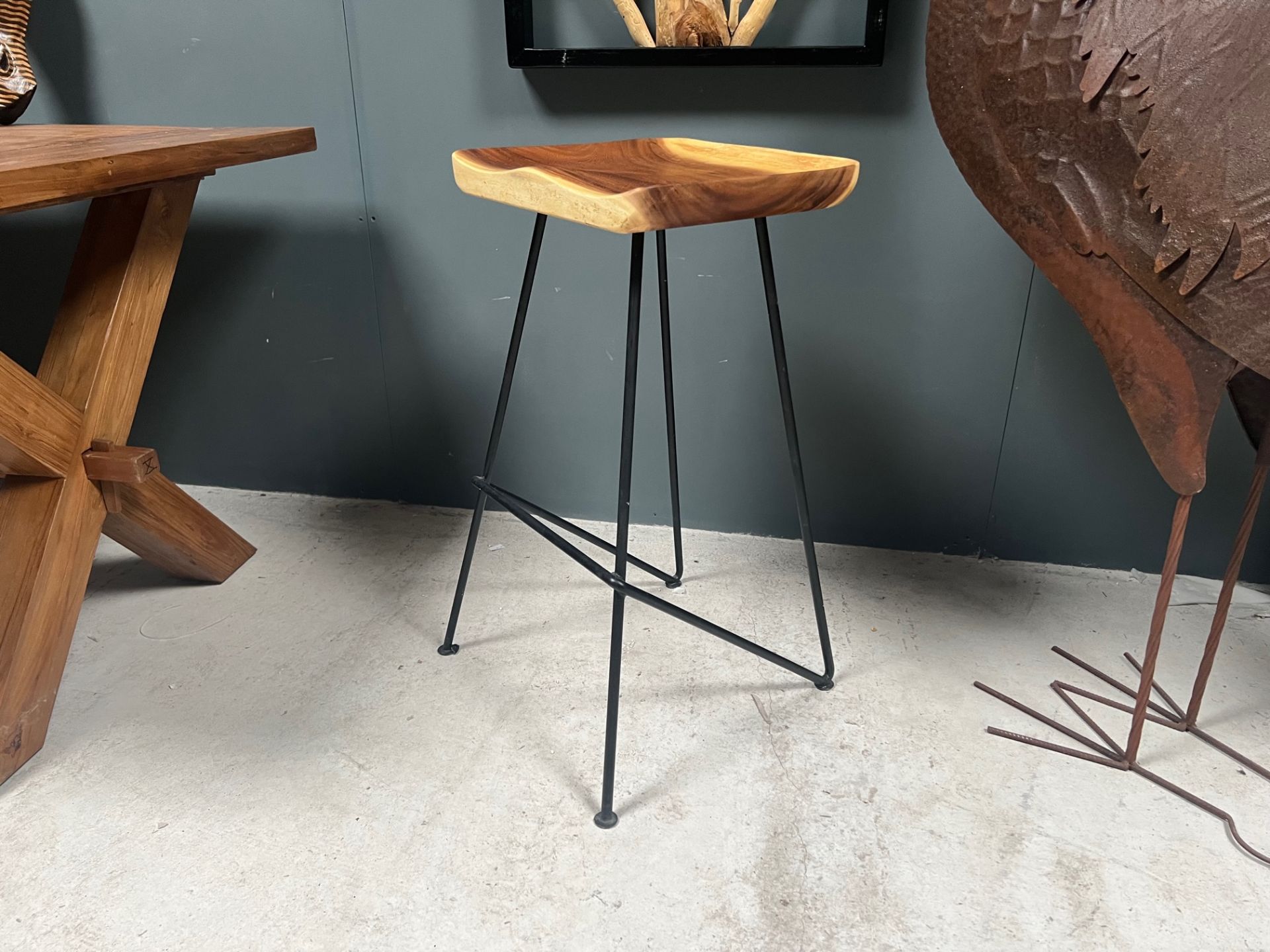 Boxed New Vintage Industrial Bar Stool With Polished Wooden Stool And Metal Base