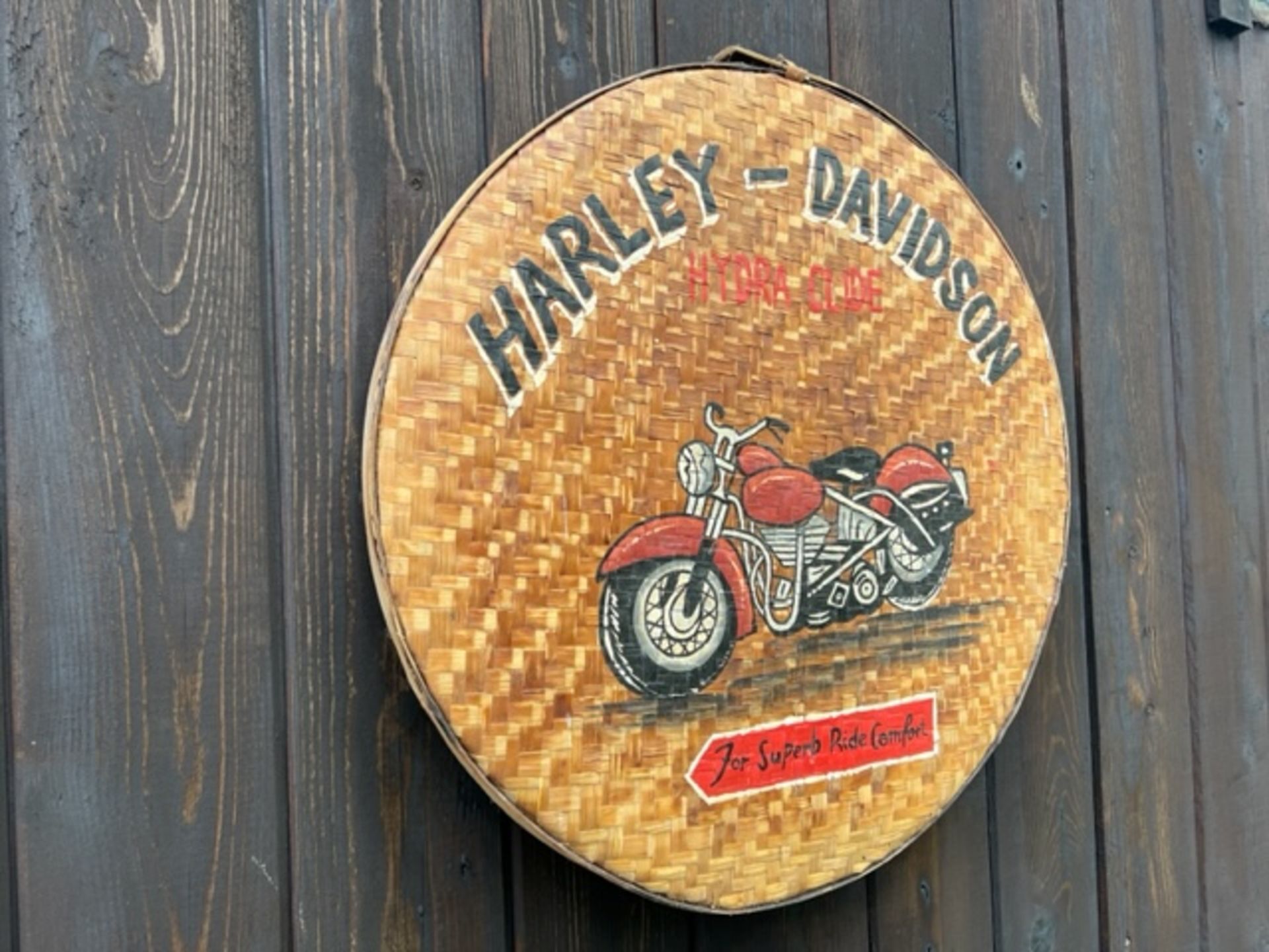 Large Rattan Hand Painted Harley Red Wall Plaque