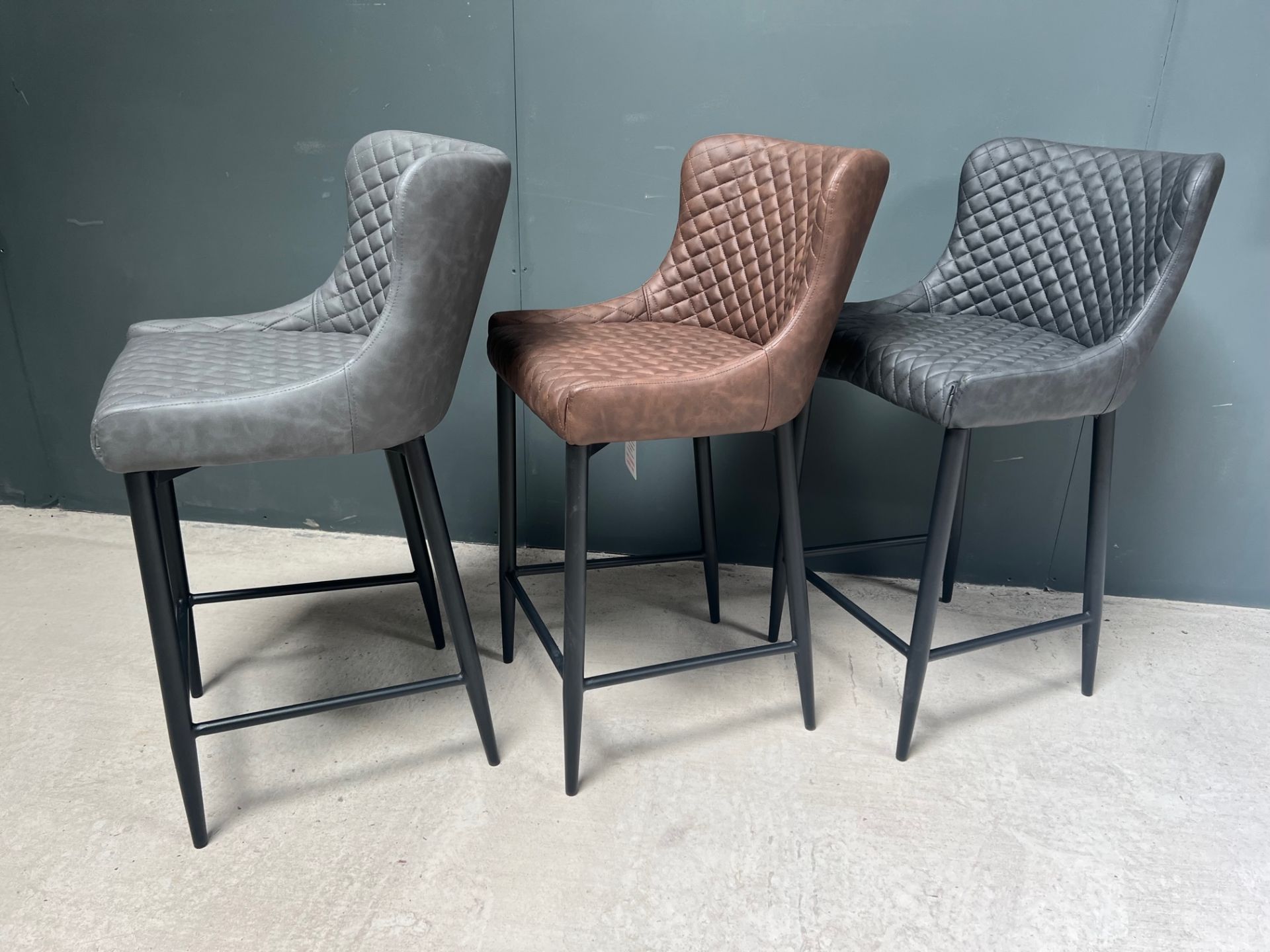 Boxed New Pair Of Classic Faux Leather High Bar Stools In Grey - Image 3 of 3