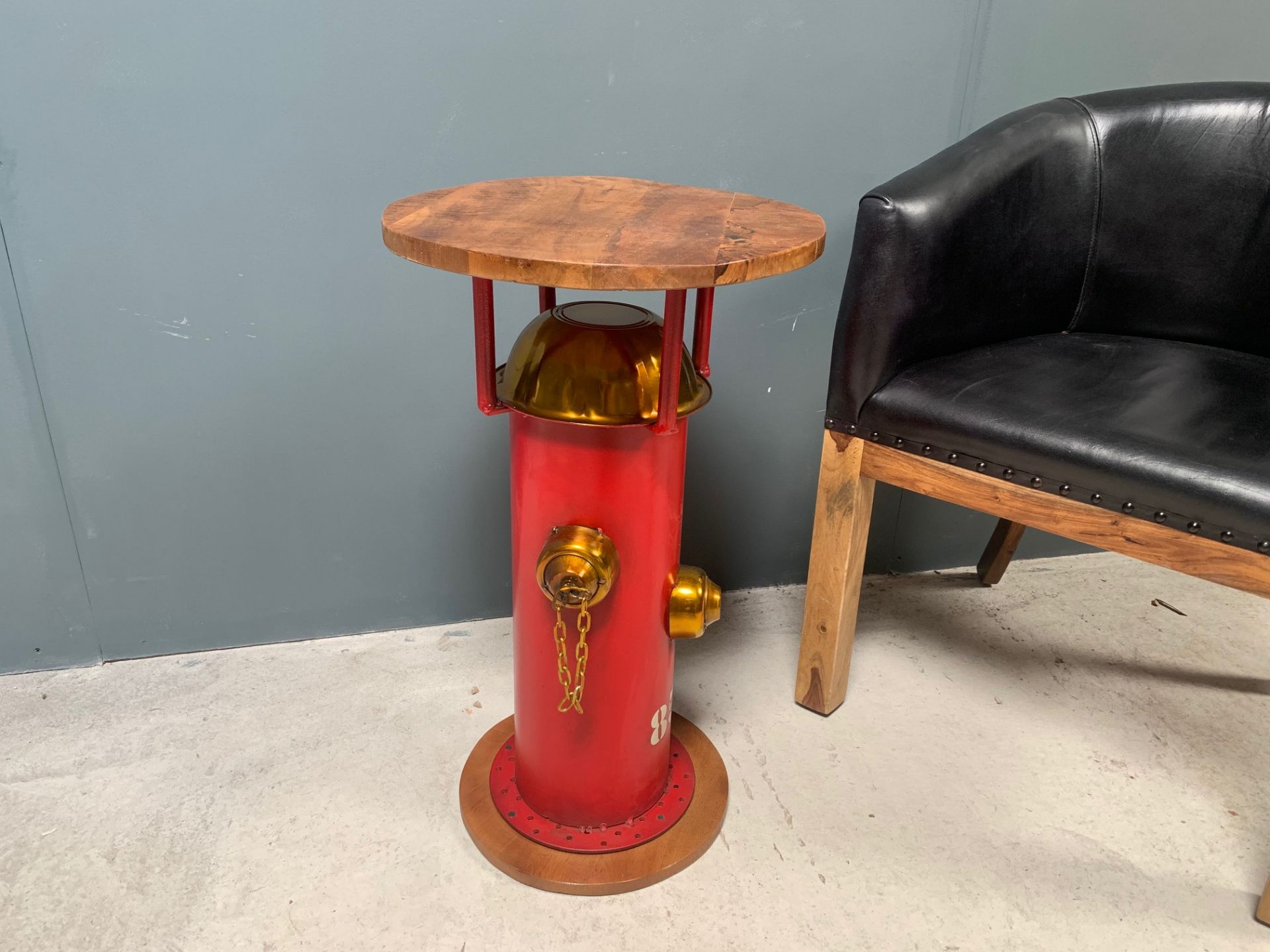 Brand New Boxed Industrial Metal Red Fire Hydrant Side Table With Wooden Top - Image 3 of 3