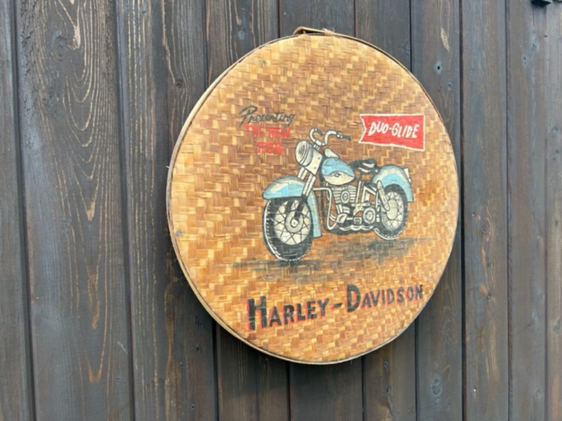 Large Hand Painted Rattan Lid Harley Duo Glide Sign
