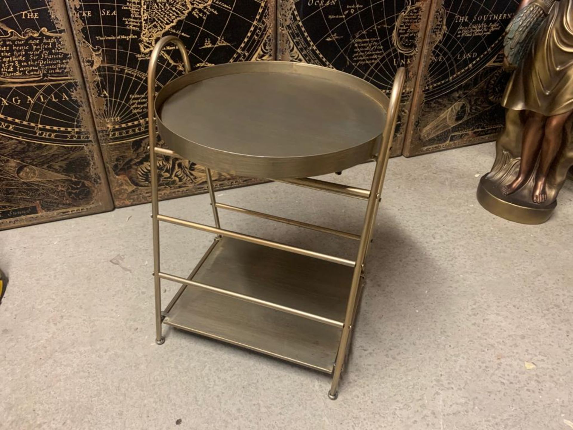 New Boxed Large Drinks Tray And Side Table In A Brass Finish (Approx 70cm)