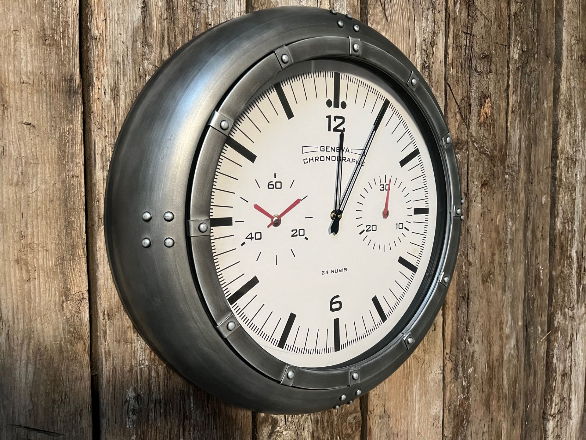 New Boxed Vintage Silver Industrial Style Geneva Chronograph Wall Clock