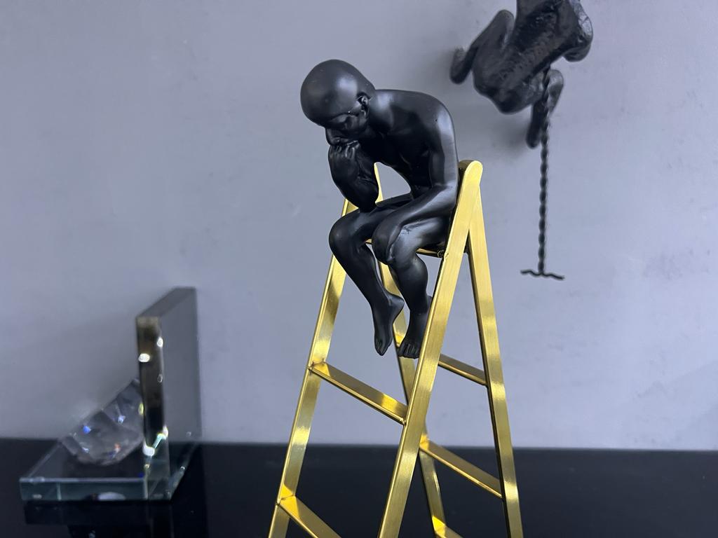 Unique Modern Art Cast Iron Magnetic Thinking Man On Ladder - Image 2 of 3