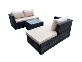 Box New Rattan Brown/Ivory Cushion 3P/C Optional Corner Suite, C/W Sofa, Lounger, Coffee Table, Glas