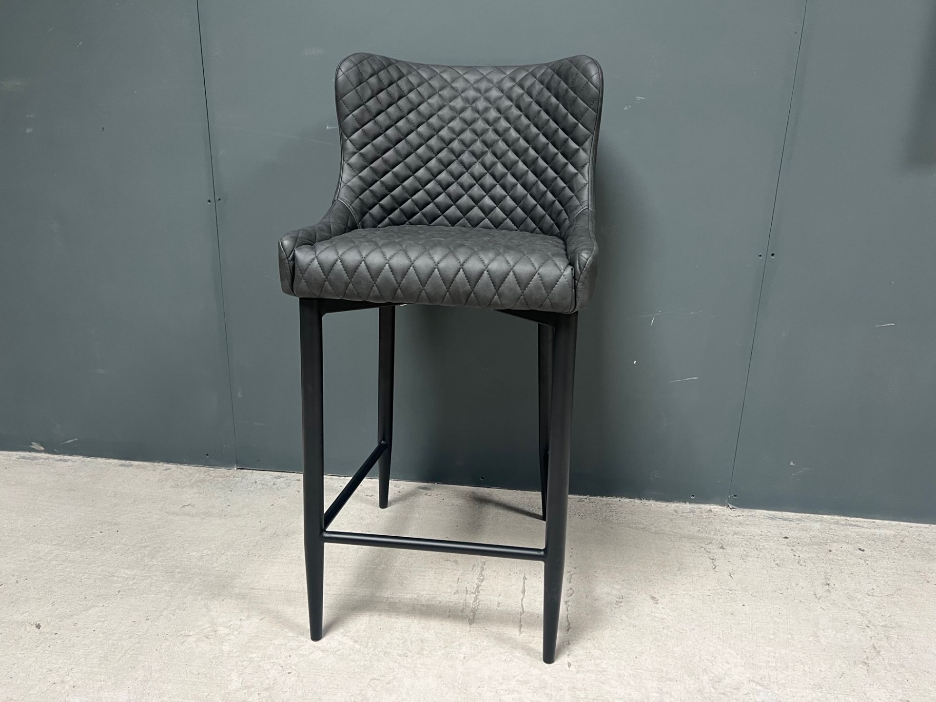 Boxed New Pair Of Classic Faux Leather High Bar Stools In Charcoal