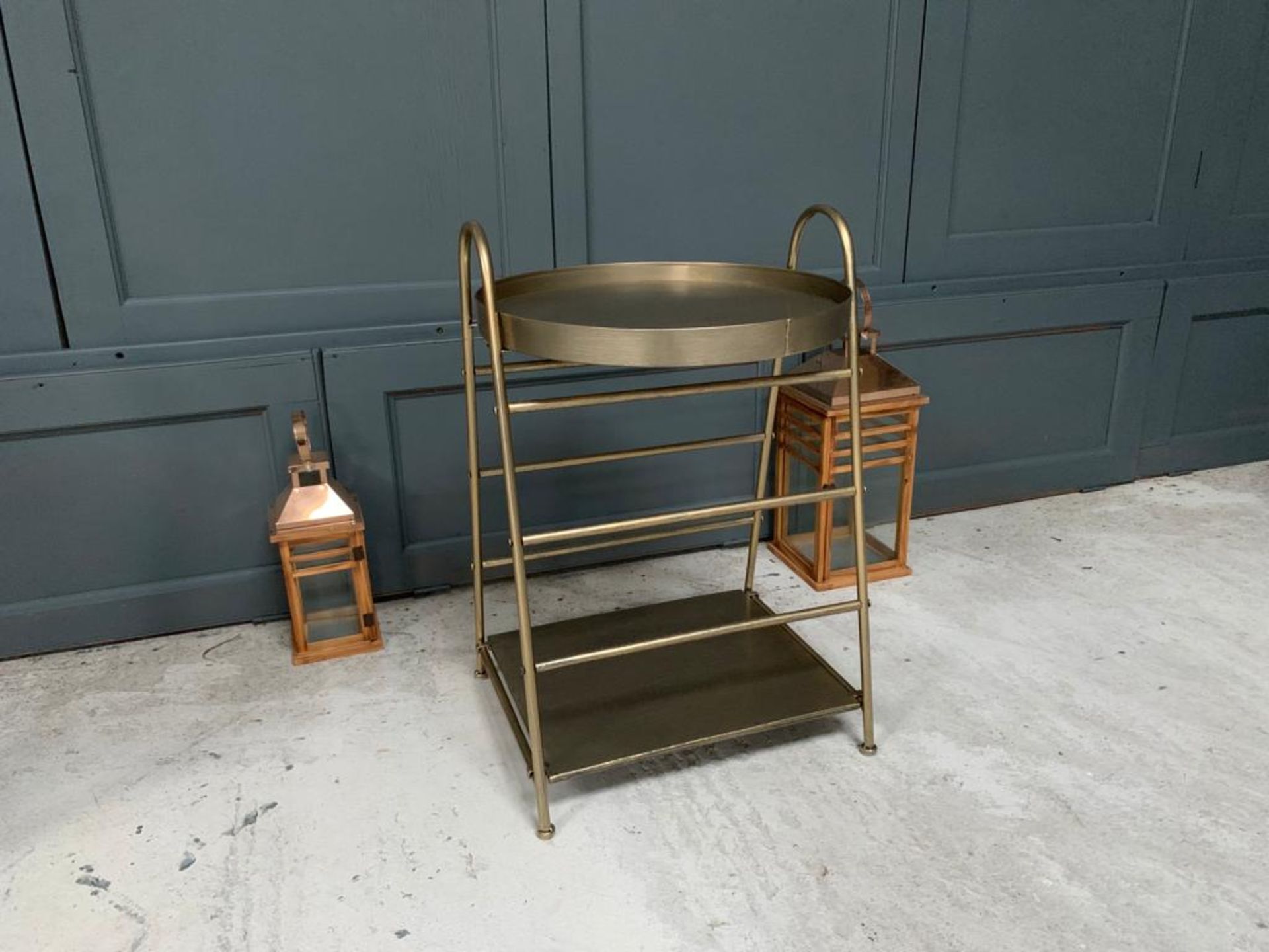 New Boxed Large Drinks Tray And Side Table In A Brass Finish (Approx 70cm)
