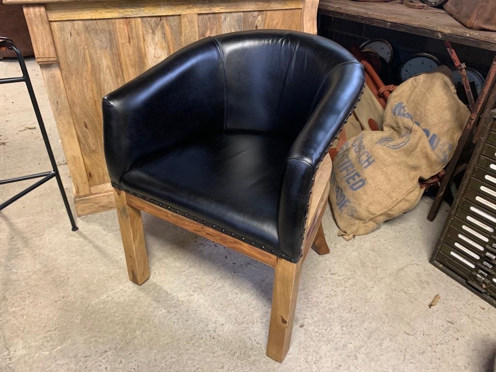 New Boxed Leather Open Back Tub Chair In Black With Hessian Sides