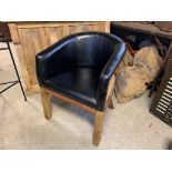 New Boxed Leather Open Back Tub Chair In Black With Hessian Sides