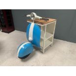 Brand New Boxed Blue And White Vintage Retro Vespa Side Tables With Handle Bars + Wheel