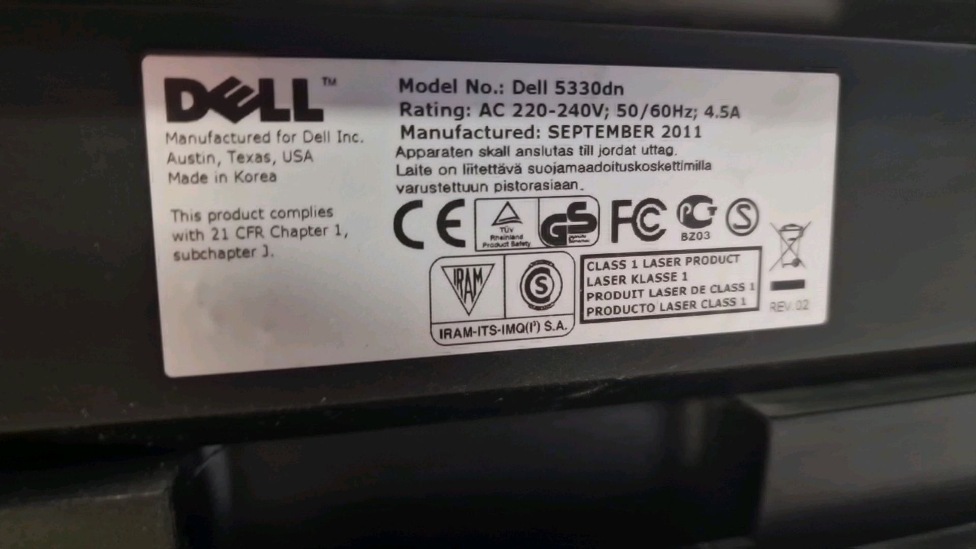 ref 160 - Dell 5330DN Mono Laser Printer - Image 5 of 5