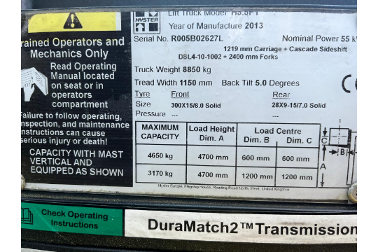 2013, HYSTER - 5.5 Tonne Diesel Forklift (Side Shift, Full Cab - 3700 hours) - Image 4 of 8