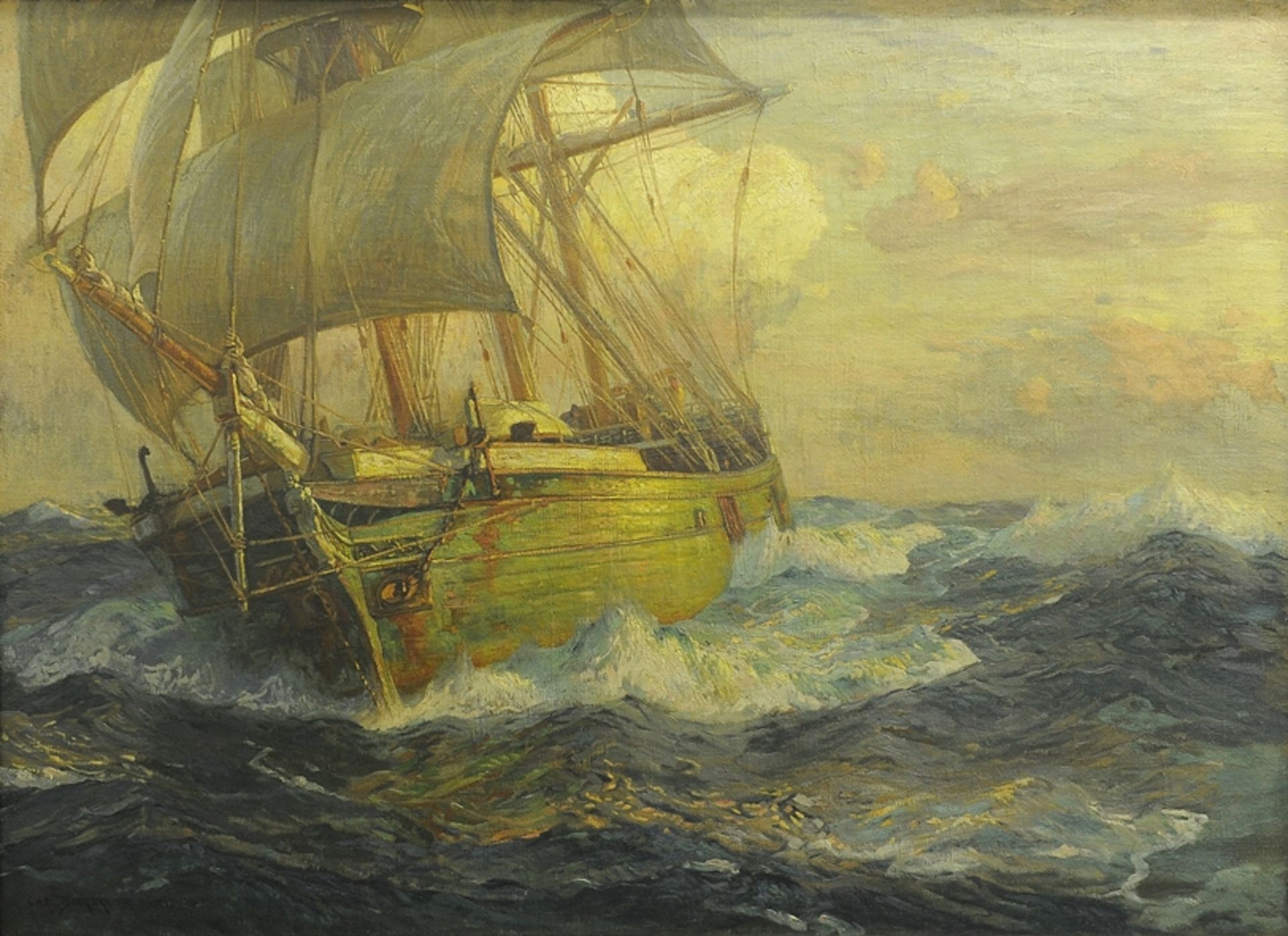 "Dreimaster unter vollen Segeln" - großformatiges Gemälde, Öl auf Leinwand, ca. 90 x 125 cm, unten