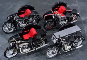 4 x Motorrad mit Beiwagen, SCHUCO, Maßstab 1:10, alle in Schwarz, verschiedene Modelle, 20. / 21. J