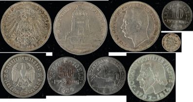 9 teilige Münzsammlung Deutsches Reich und BRD, bestehend aus 1x 1/2 Mark 1914 - J; 1x 3 Reichsmark