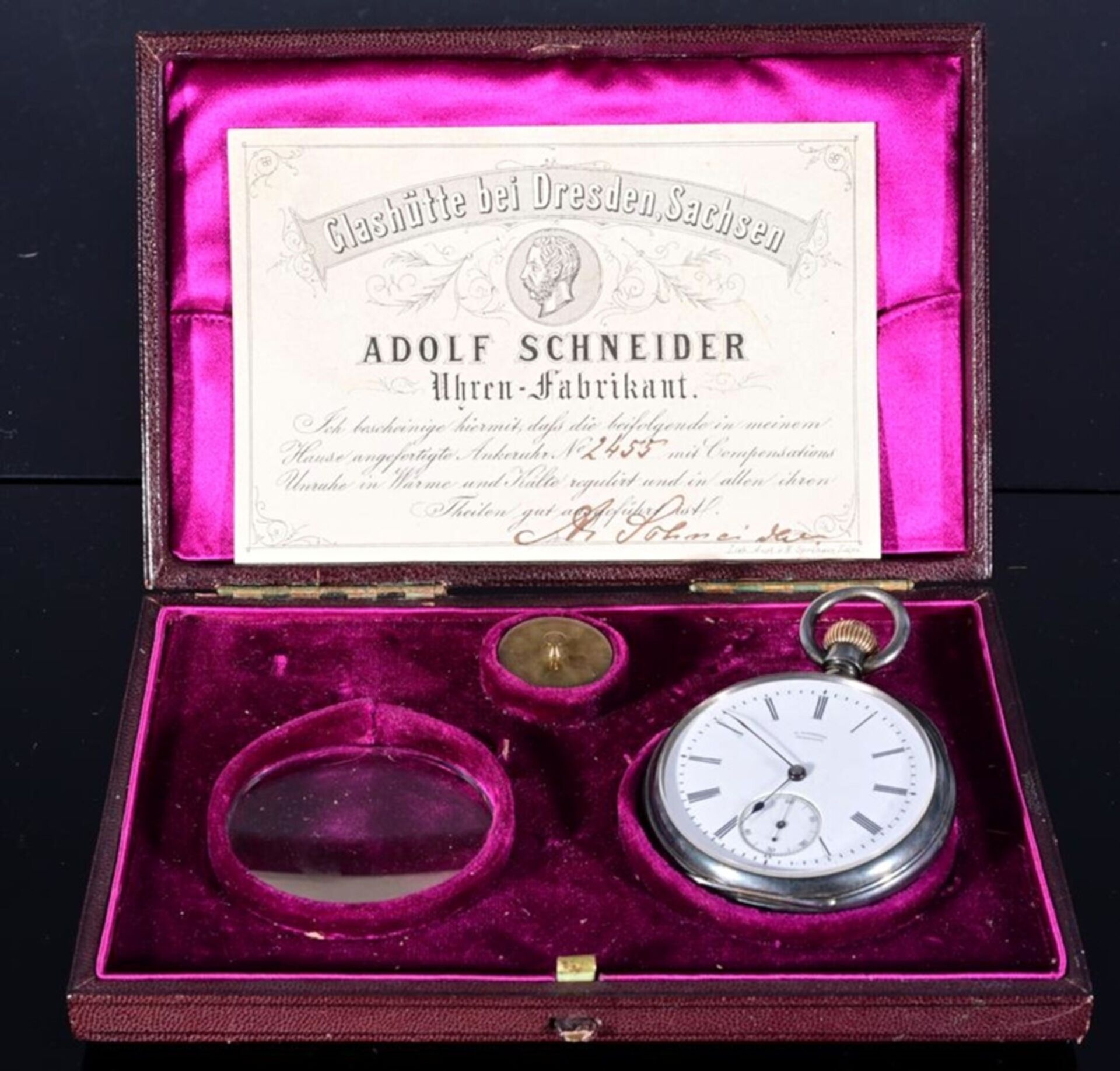 Seltene, offene Herrentaschenuhr von "A.SCHNEIDER GLASHÜTTE" der 1870er Jahre, in originaler Schatu