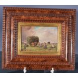 "Heuernte" - kleinformatiges Gemälde, Öl auf Holztafel, ca. 11 x ca. 16,5 cm, unten rechts signiert