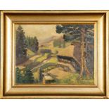 "Bauernhaus in sommerlicher, bergiger Landschaft", Gemälde, Öl auf Schichtholzplatte, ca. 38,5 x 50