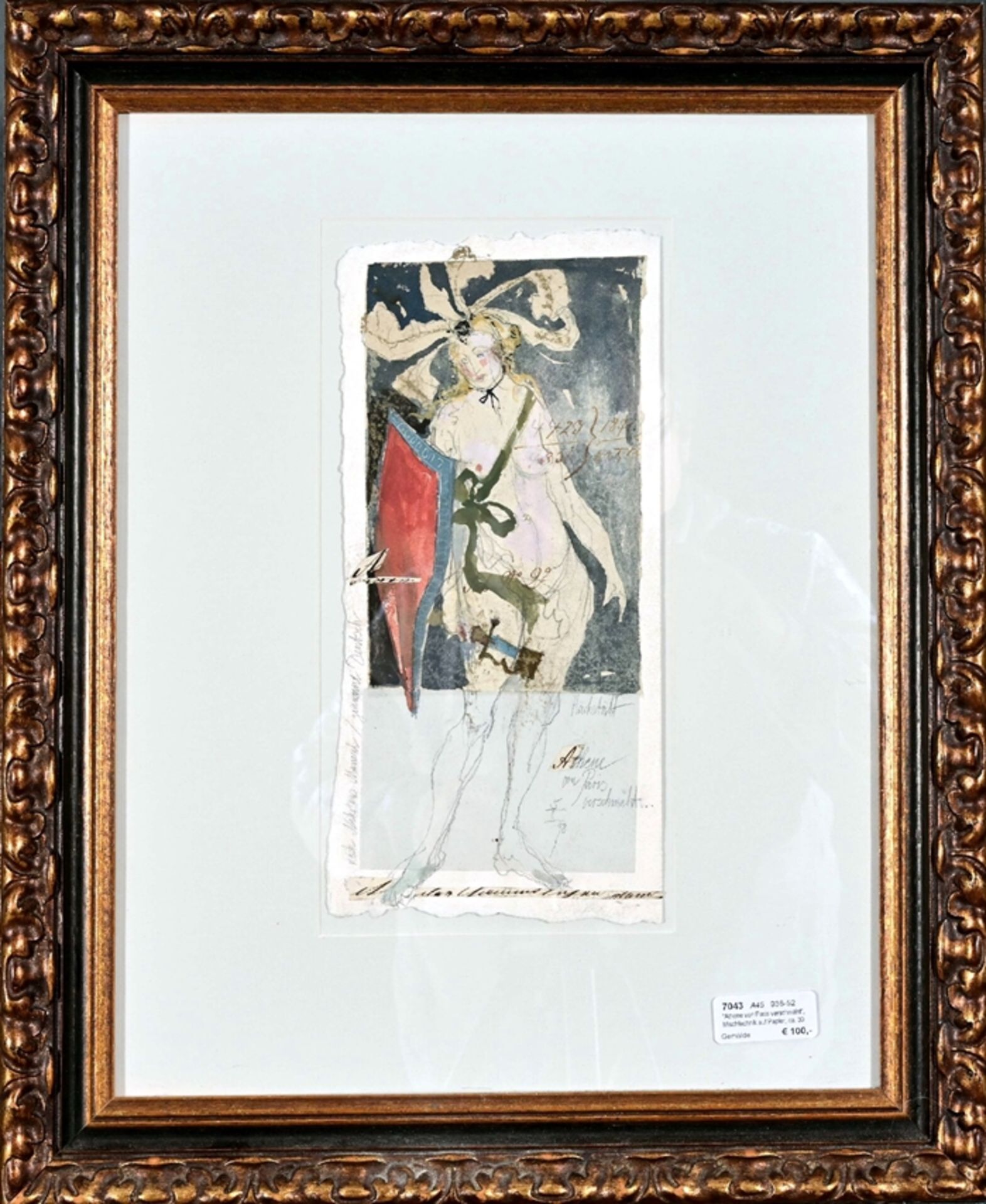 "Athene von Paris verschmäht", Mischtechnik auf Papier, ca. 30 x 14 cm, hinter Glas in Passepartout
