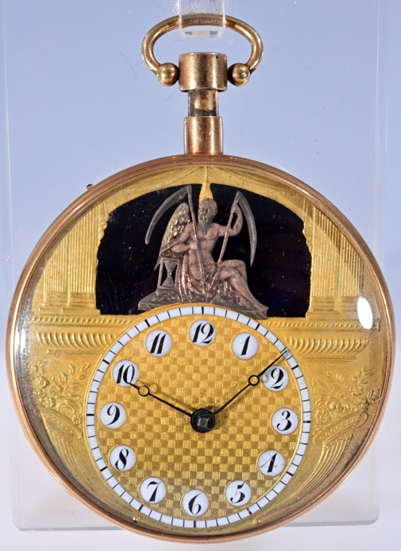 Außergewöhnliche, sehr seltene, offene 18 K Gelbgold Herrentaschenuhr um 1800. Das Uhrwerk (wohl) m