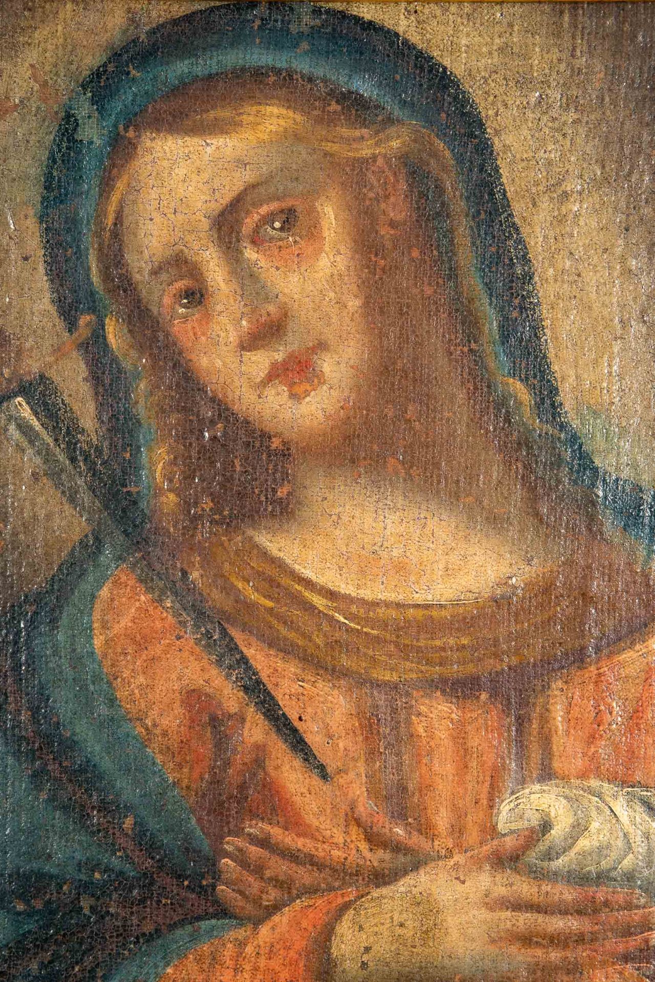 Antikes sakrales Gemälde, Öl auf Leinwand (diese auf Sperrholz geklebt), ca. 36 x 32 cm, zarter Gol - Image 3 of 5