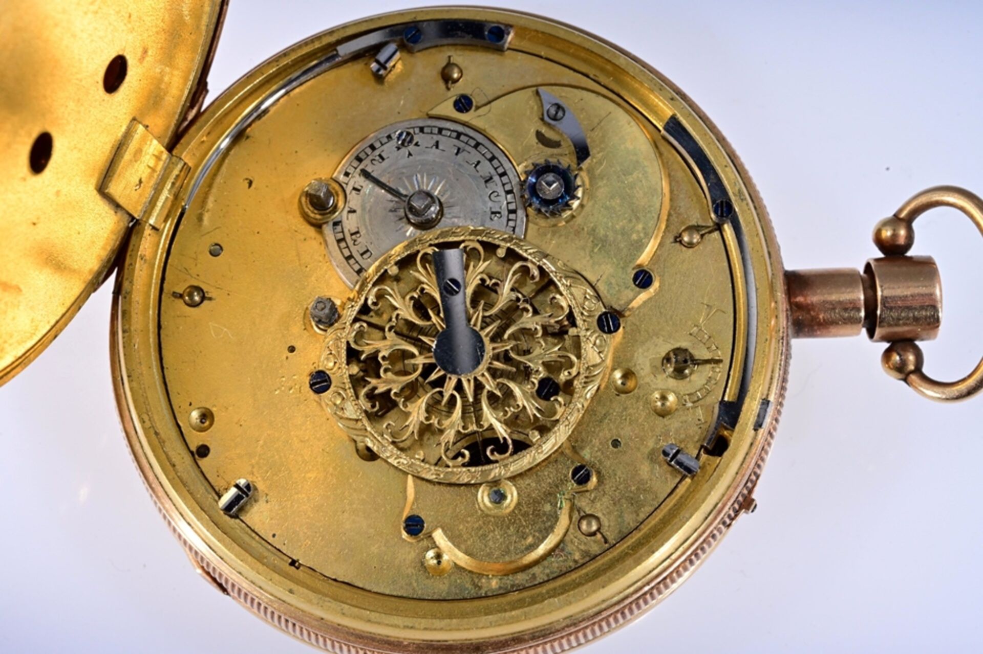 Außergewöhnliche, sehr seltene, offene 18 K Gelbgold Herrentaschenuhr um 1800. Das Uhrwerk (wohl) m - Image 16 of 17