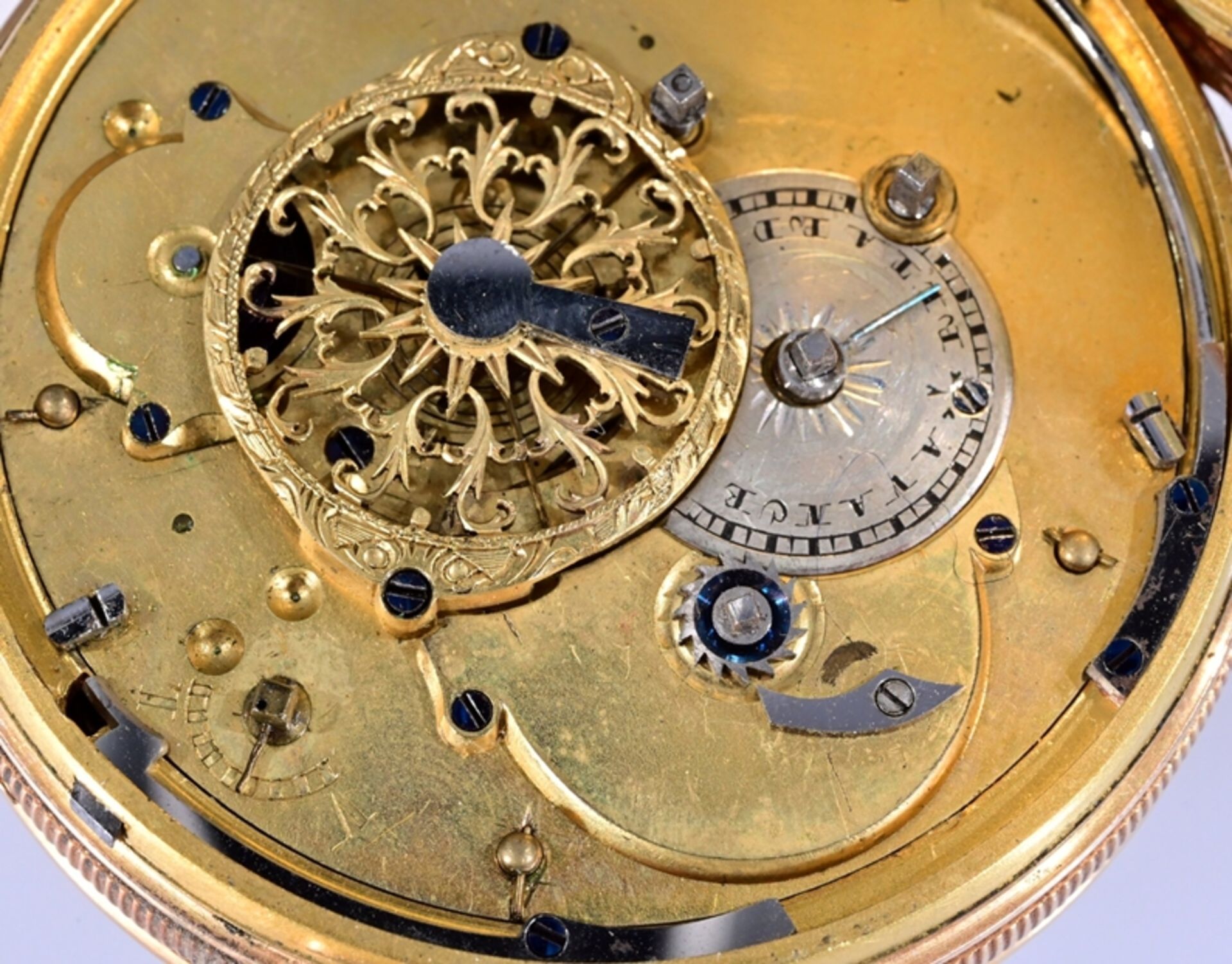 Außergewöhnliche, sehr seltene, offene 18 K Gelbgold Herrentaschenuhr um 1800. Das Uhrwerk (wohl) m - Image 9 of 17