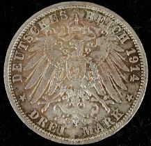 3 Reichsmark, 1914, Anhalt, Silber, SS/VZ.