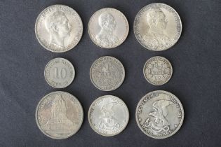 6 Silbermünzen, Kaiserreich: 1 x 3 Reichsmark, 1913, Wilhelm II, Preussen, A; 1 x 3 Reichsmark, 191