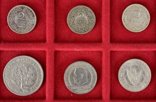 6 teilige Sammlung verschiedener Silbermünzen der Weimarer Republik, je 1 x 3 Reichsmark 1929 - J-