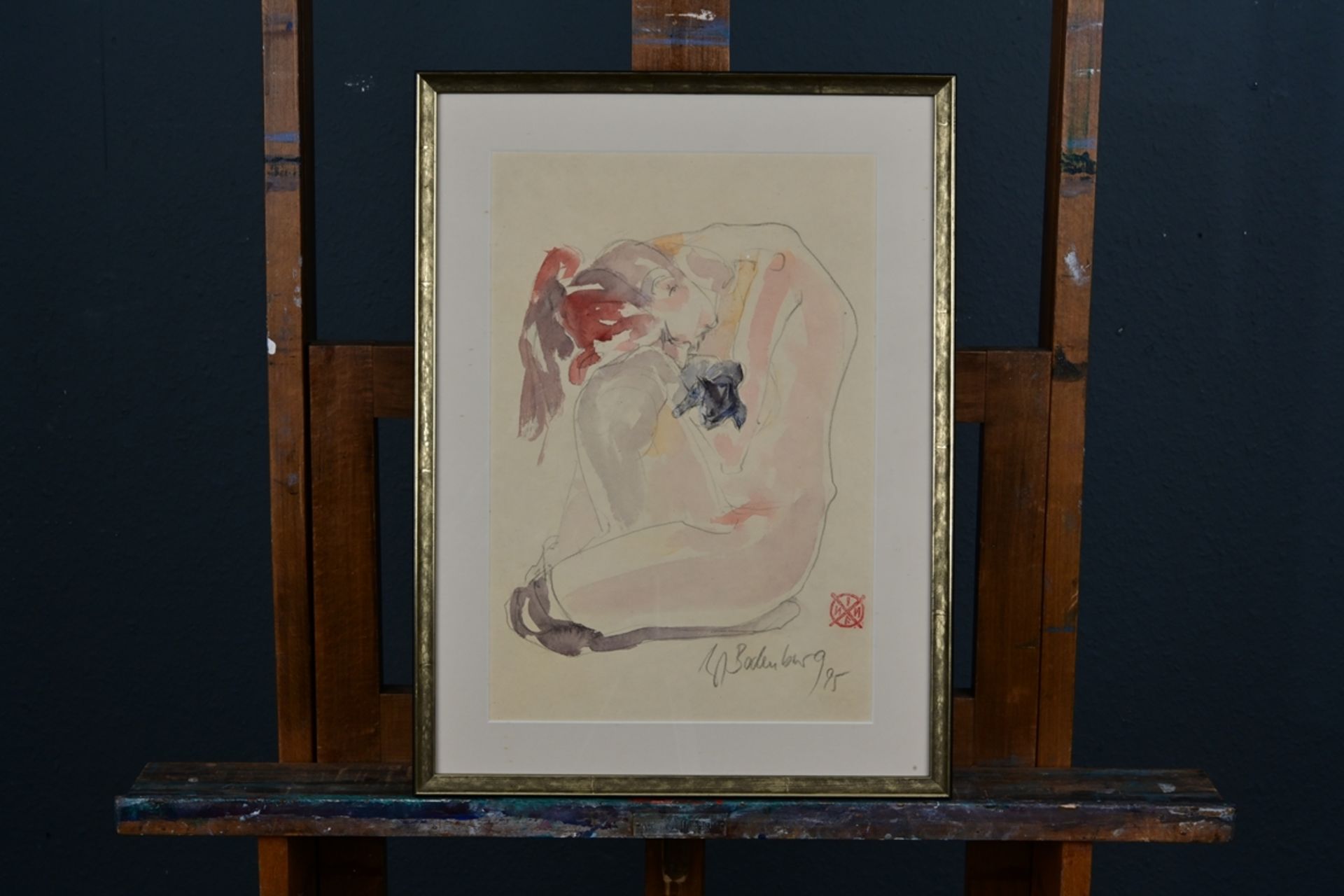 "Sinnende" - flott gemalte aquarellierte Bleistiftzeichnug eines in sich gekehrten Mädchens, unten - Bild 3 aus 4
