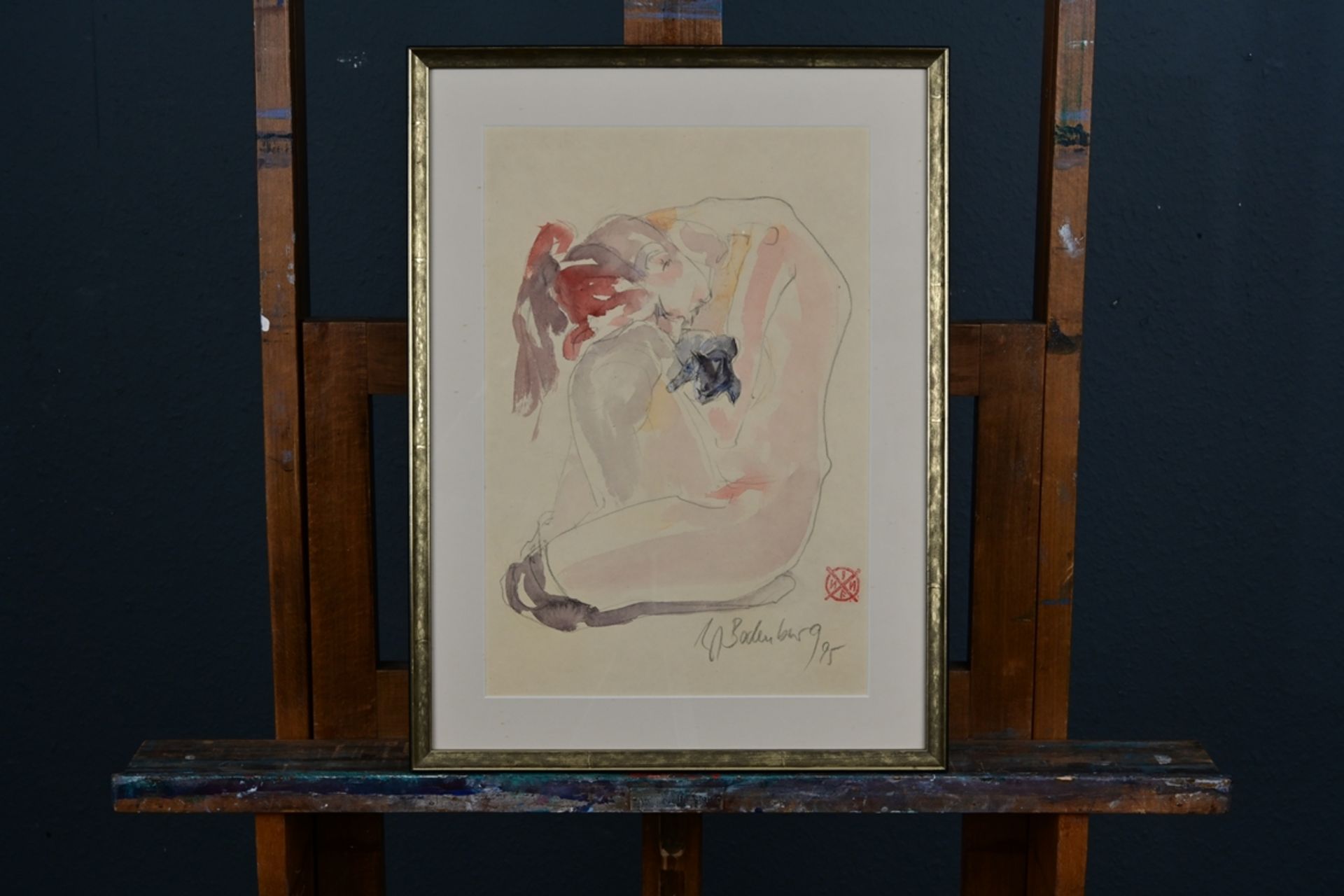 "Sinnende" - flott gemalte aquarellierte Bleistiftzeichnug eines in sich gekehrten Mädchens, unten
