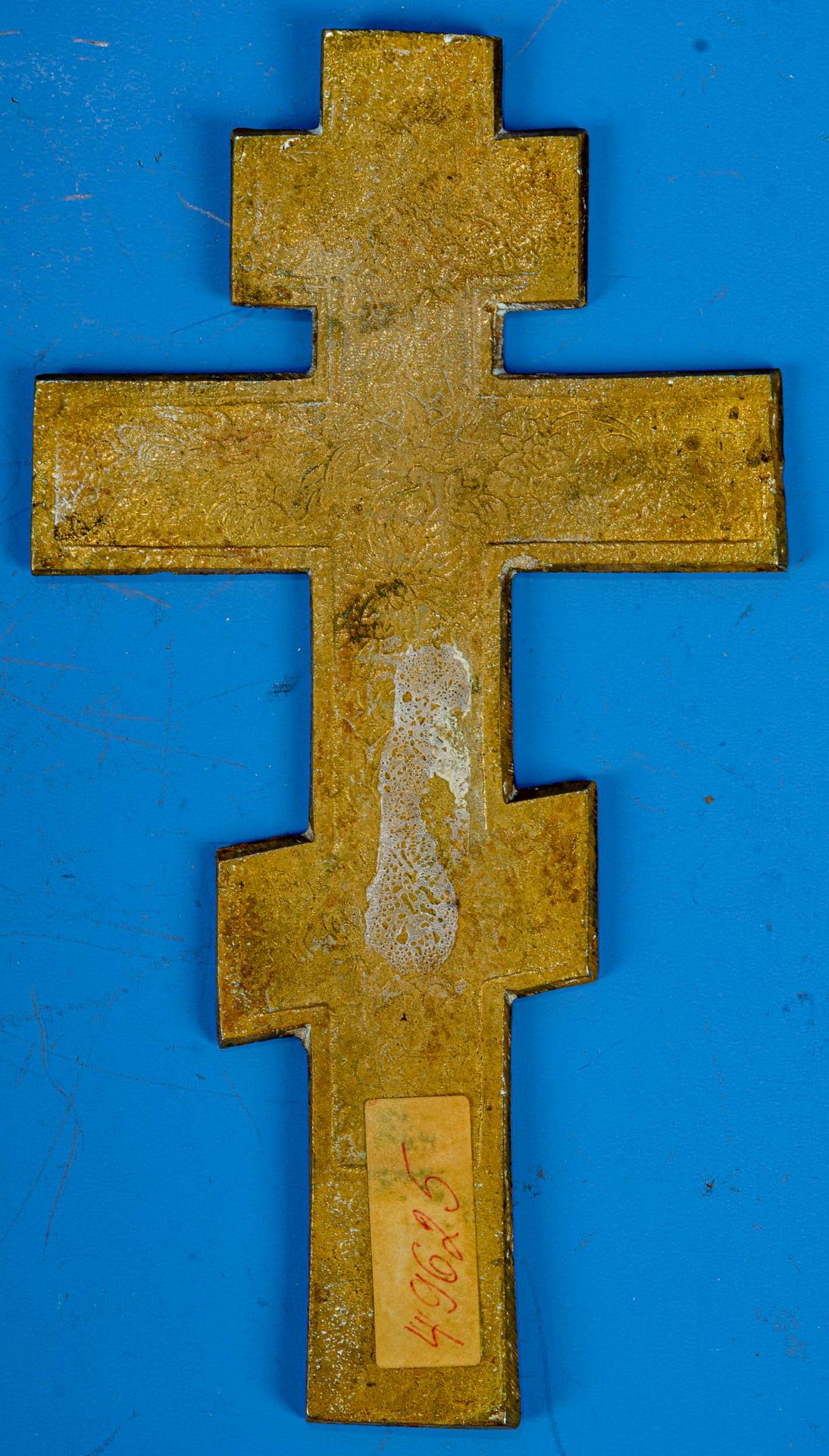 Antikes russisches Votivkreuz/ Pilgerkreuz. Messing, frontseitig teils erhabener, plastischer, reli - Image 4 of 4