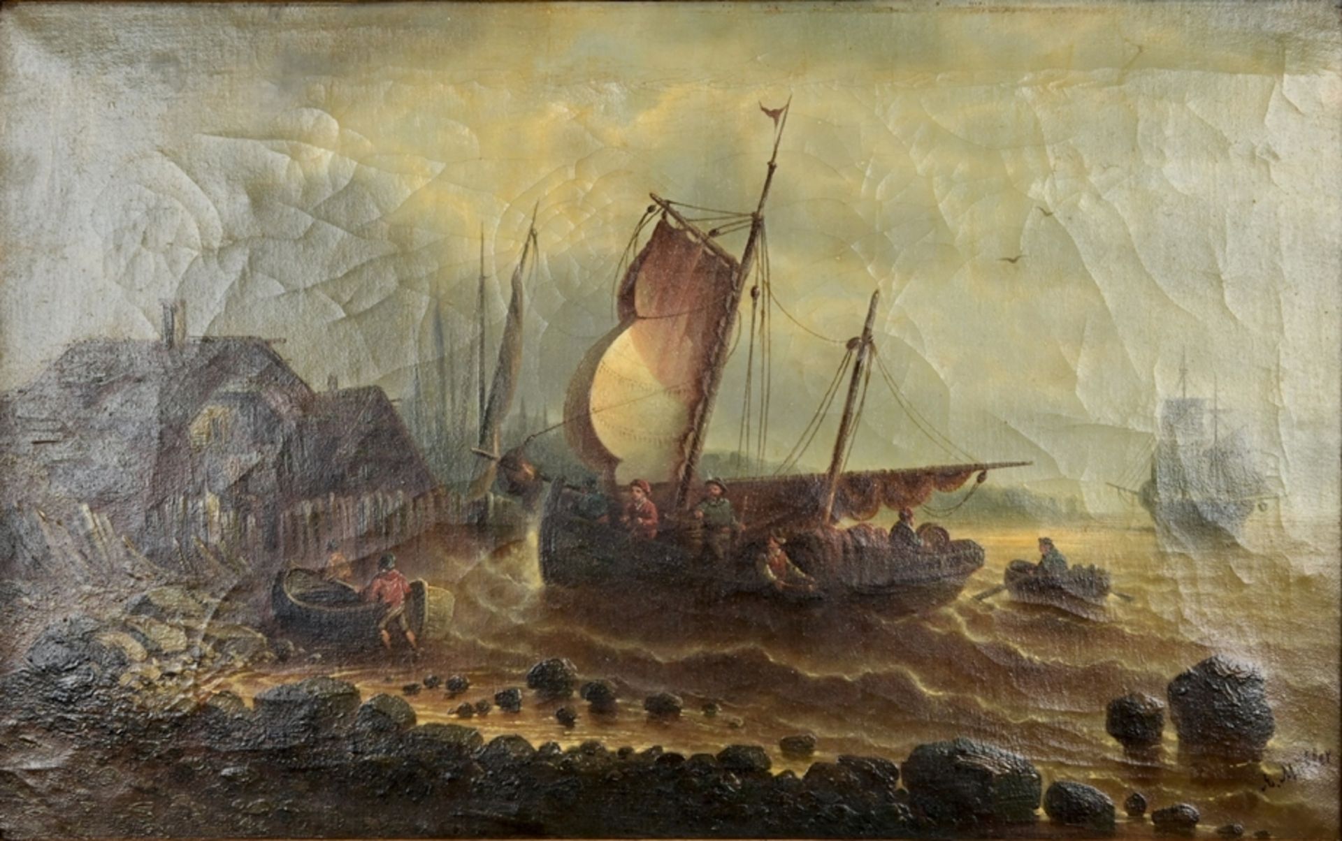 "Heimkehrende Fischer" - großformatiges Gemälde, Öl auf Leinwand, um 1900, ca. 43 x 68,5 cm, unten - Bild 2 aus 5