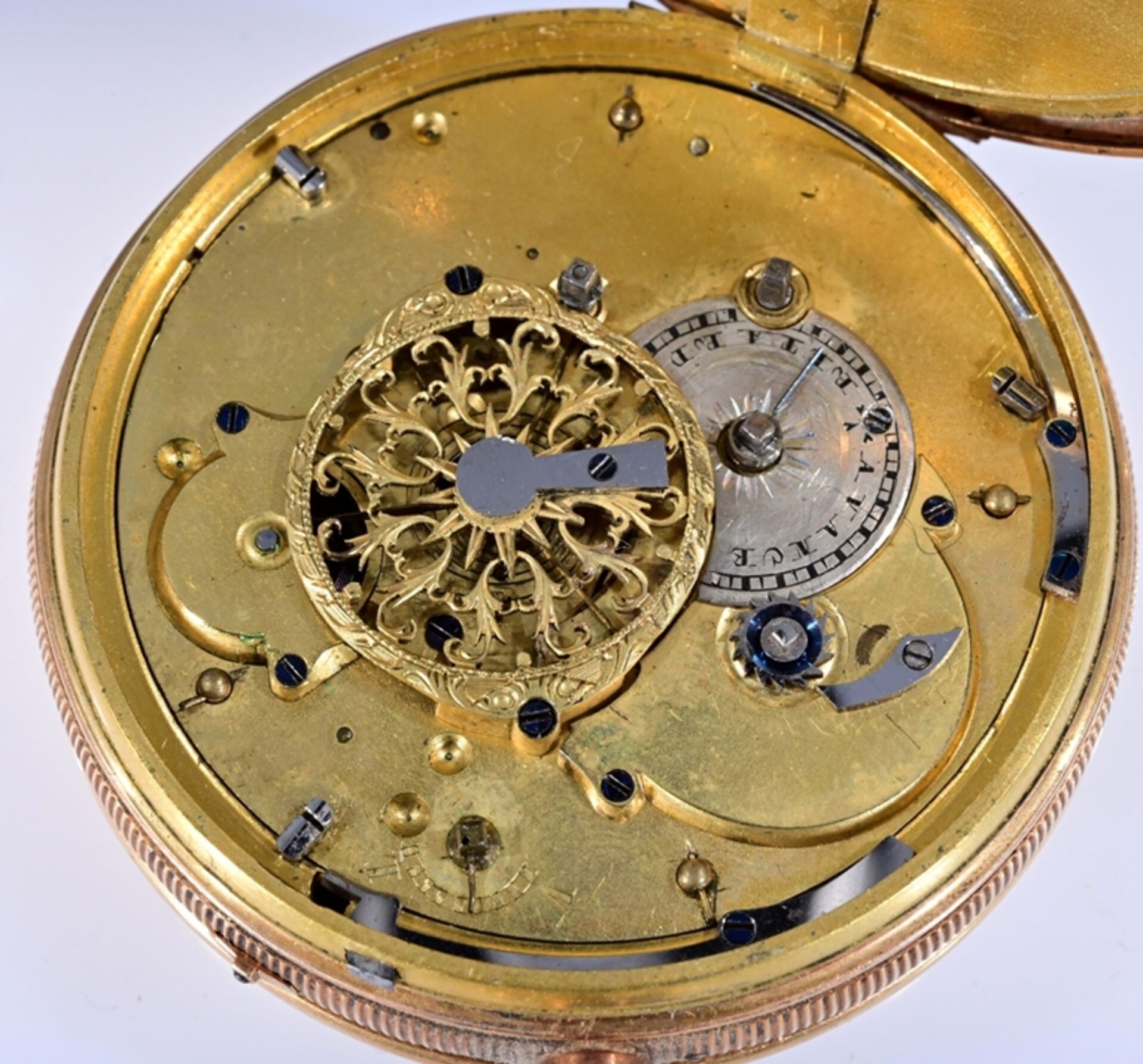 Außergewöhnliche, sehr seltene, offene 18 K Gelbgold Herrentaschenuhr um 1800. Das Uhrwerk (wohl) m - Image 17 of 17