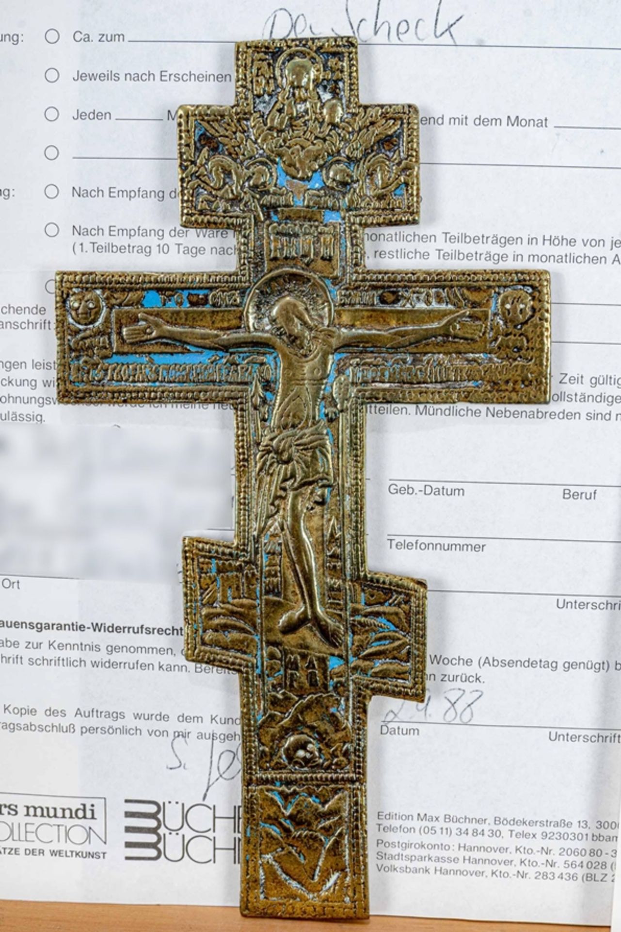 Antikes russisches Votivkreuz/ Pilgerkreuz. Messing, frontseitig teils erhabener, plastischer, reli - Image 2 of 4