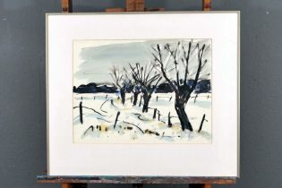 "Winterliche Landschaft" - Glatt gemaltes Aquarell des Dirk Huisken (Eberswalde 1911 - 2007 Celle)