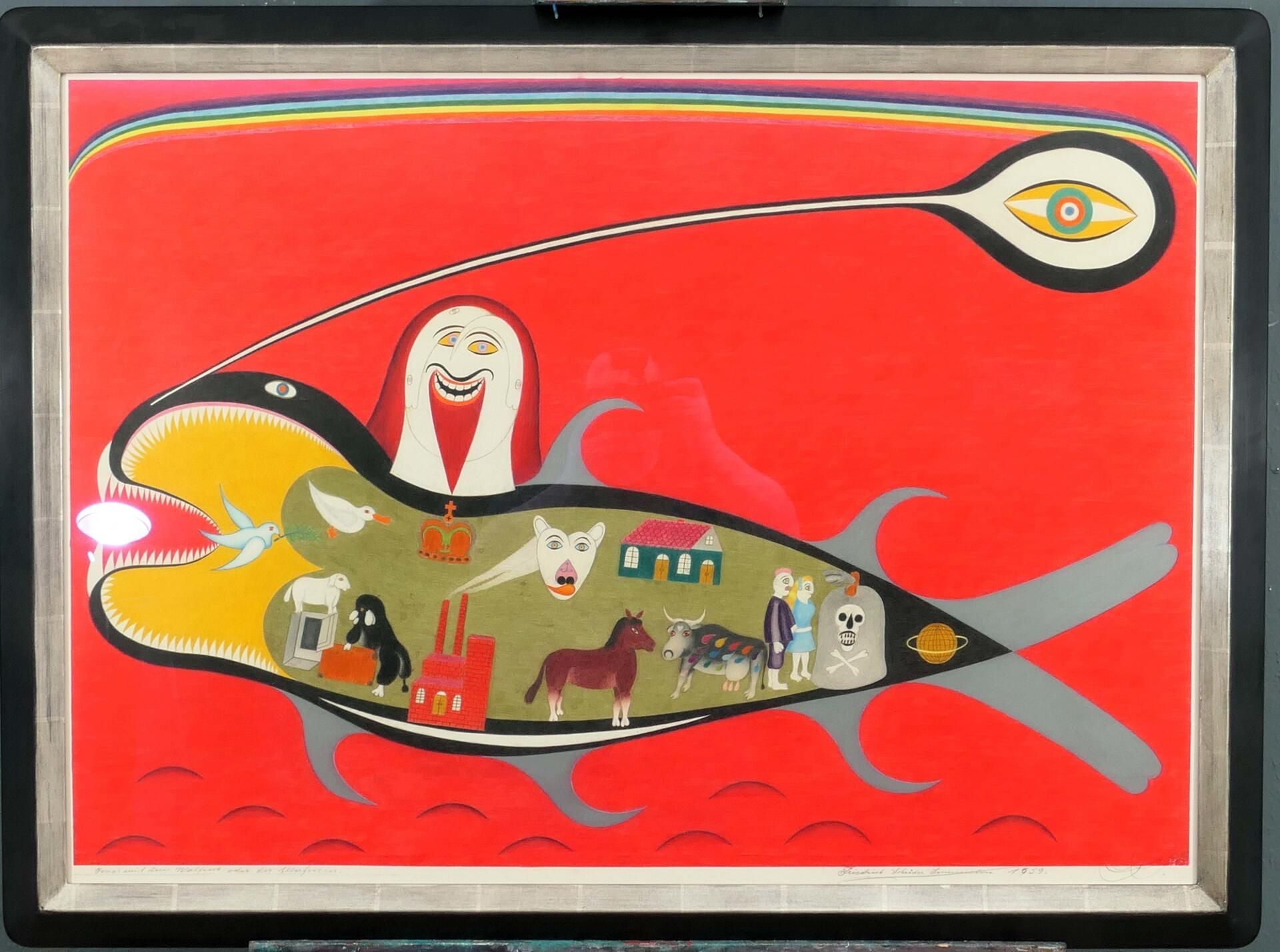 "Jonas mit dem Walfisch" - Originale, großformatige Farbstiftzeichnung des Friedrich Schröder-Sonne