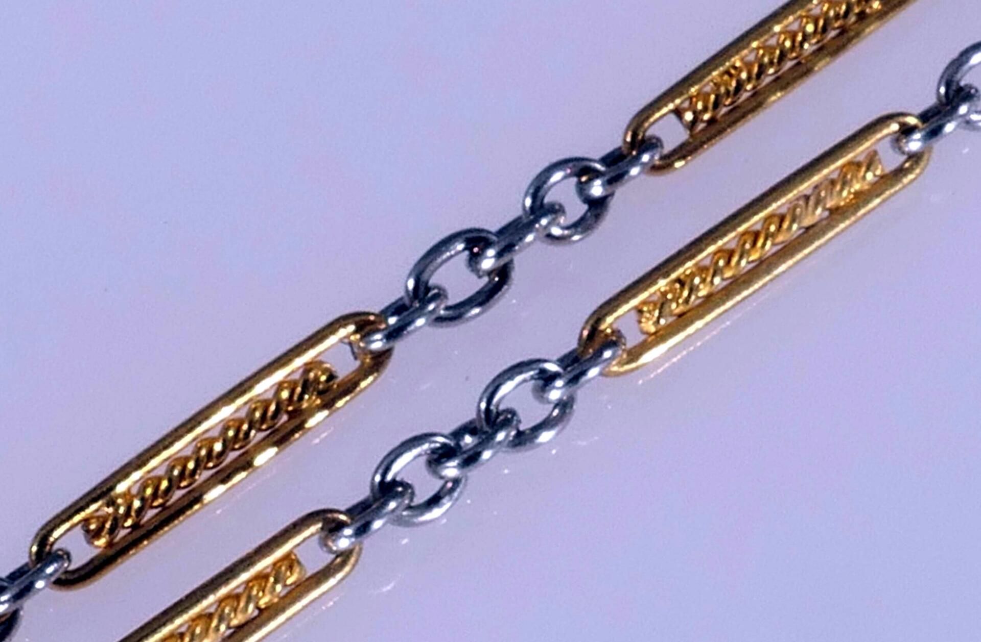 Sehr lange, zarte Bicolor Gliederkette / Halskette mit Karabinerverschluss, 14k Gelb- & Weißgold, L - Bild 4 aus 4