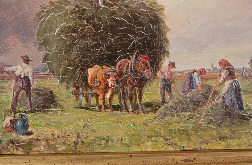 "Heuernte" - kleinformatiges Gemälde, Öl auf Holztafel, ca. 11 x ca. 16,5 cm, unten rechts signiert - Image 4 of 7
