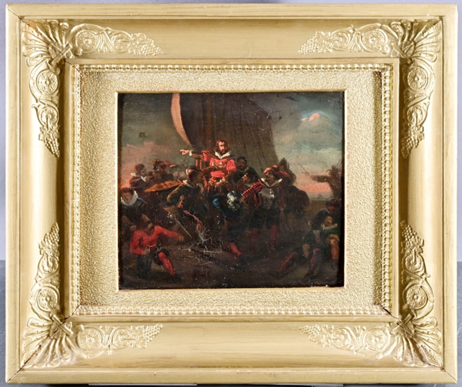 "Anlandende Truppen", kleinformatiges Gemälde des 18. Jhdts., Öl auf Holztafel, ca. 19 x 22 cm, uns - Bild 2 aus 8