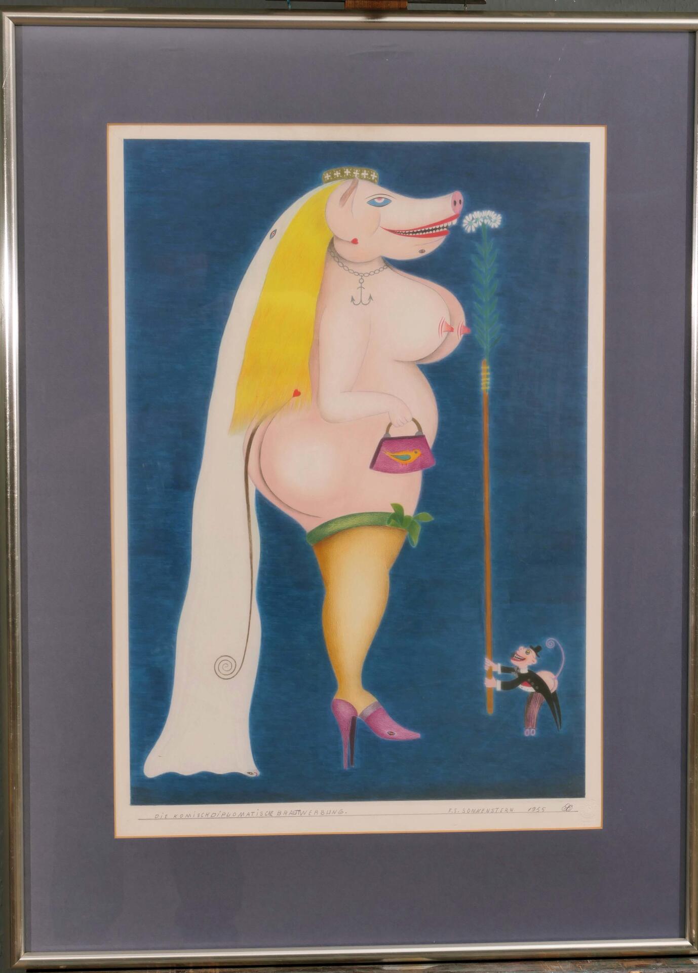 "Die komisch diplomatische Brautwerbung" hinter Glas gerahmte, originale Farbstiftzeichnung auf "Sc - Image 2 of 15