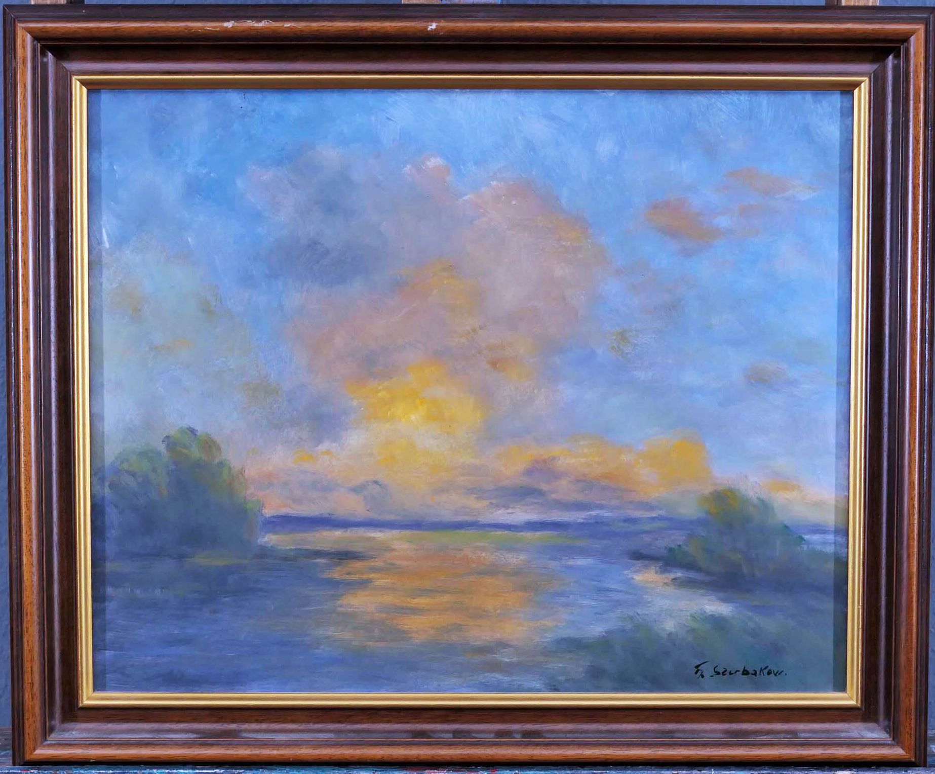"Wolkenstimmung im Moor bei Hochwasser" - (org. Titel), Gemälde, Öl auf Hartfaser, ca. 40 x 50 cm, - Image 3 of 6